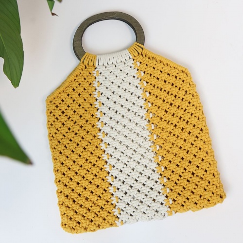 Yellow & White Crochet Bag with Wooden Handles by Peace of Mind